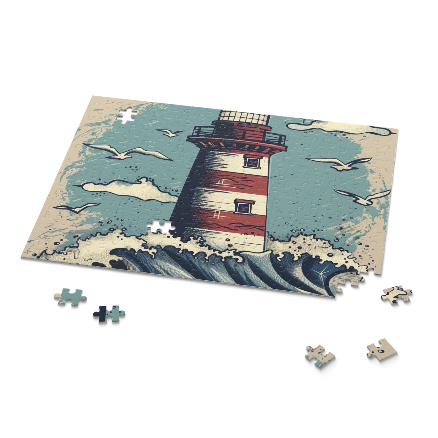 Serene Lighthouse Waves Jigsaw Puzzle - Unwind with this stunning hand-drawn puzzle featuring crashing waves.