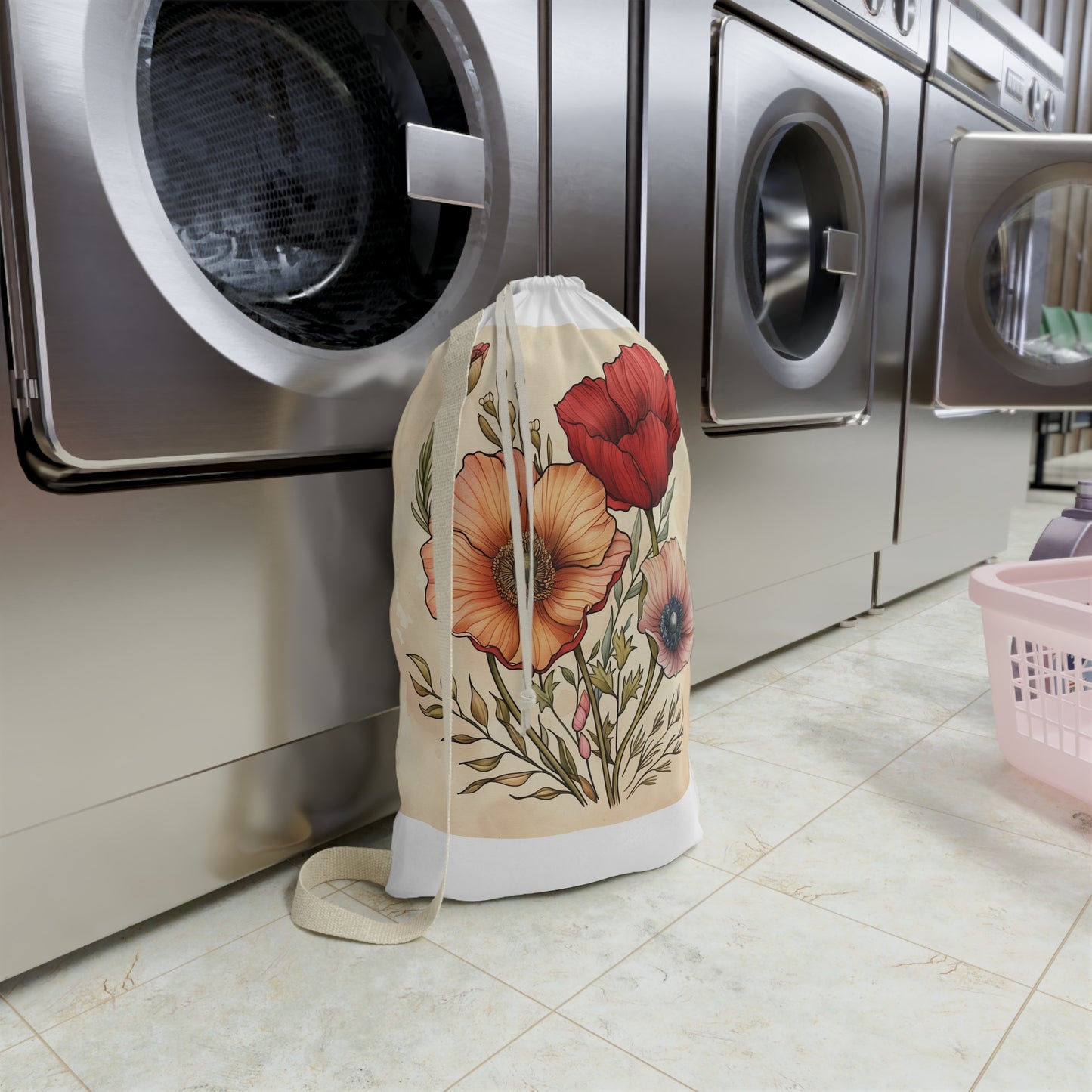 "Floral Fantasy Laundry Bag - Hand-drawn flower design adds whimsy and beauty to laundry routine, perfect pop of color"