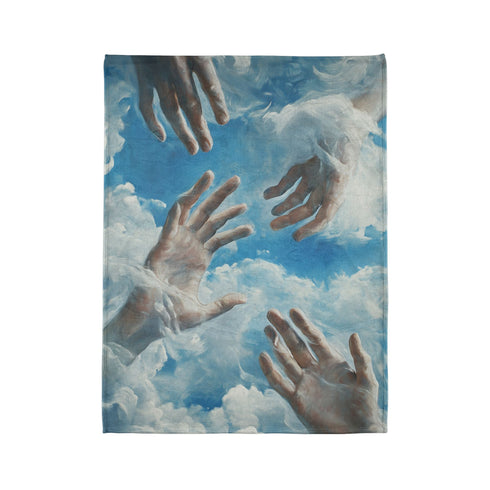 Painted Clouds Forming Human Hands — Plush Fleece Throw Blanket — Product Detail View 10