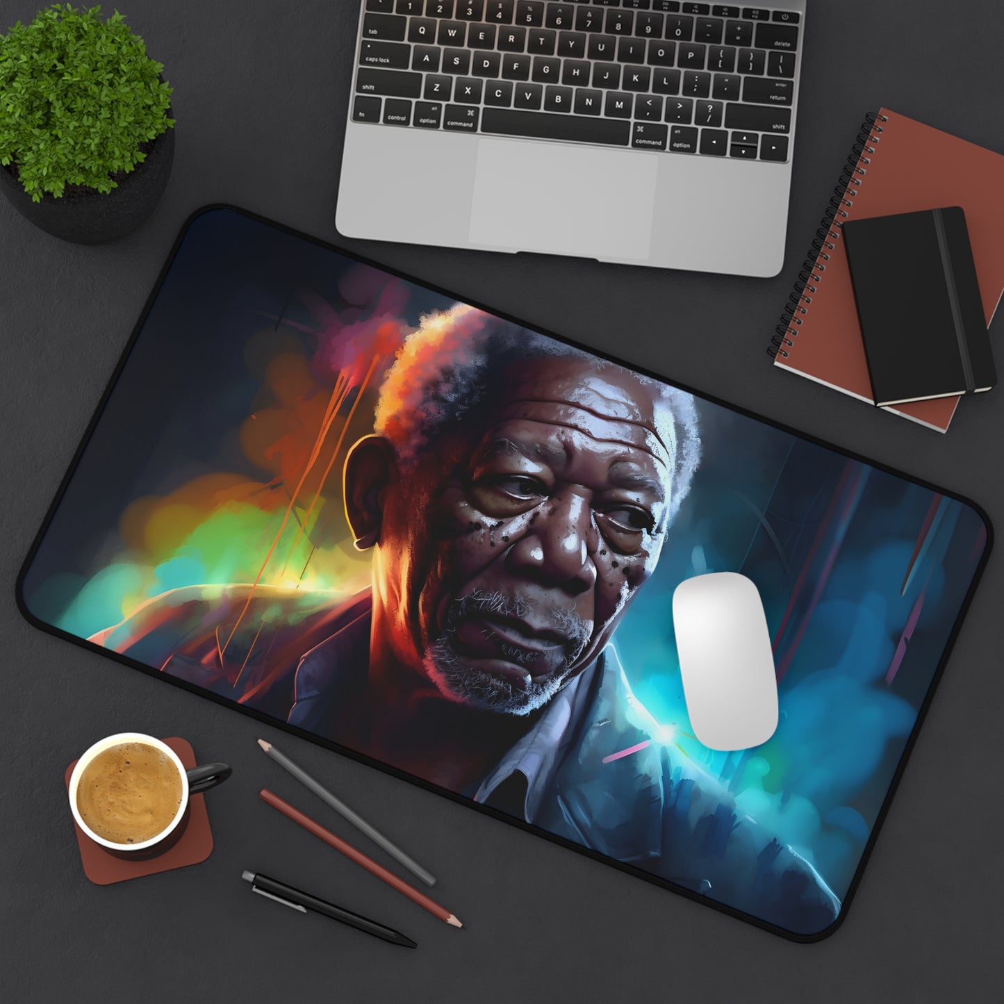 "Neon Freeman Desk Mat with Morgan Freeman's face in vibrant neon watercolor design, adding a pop of color to your workspace"