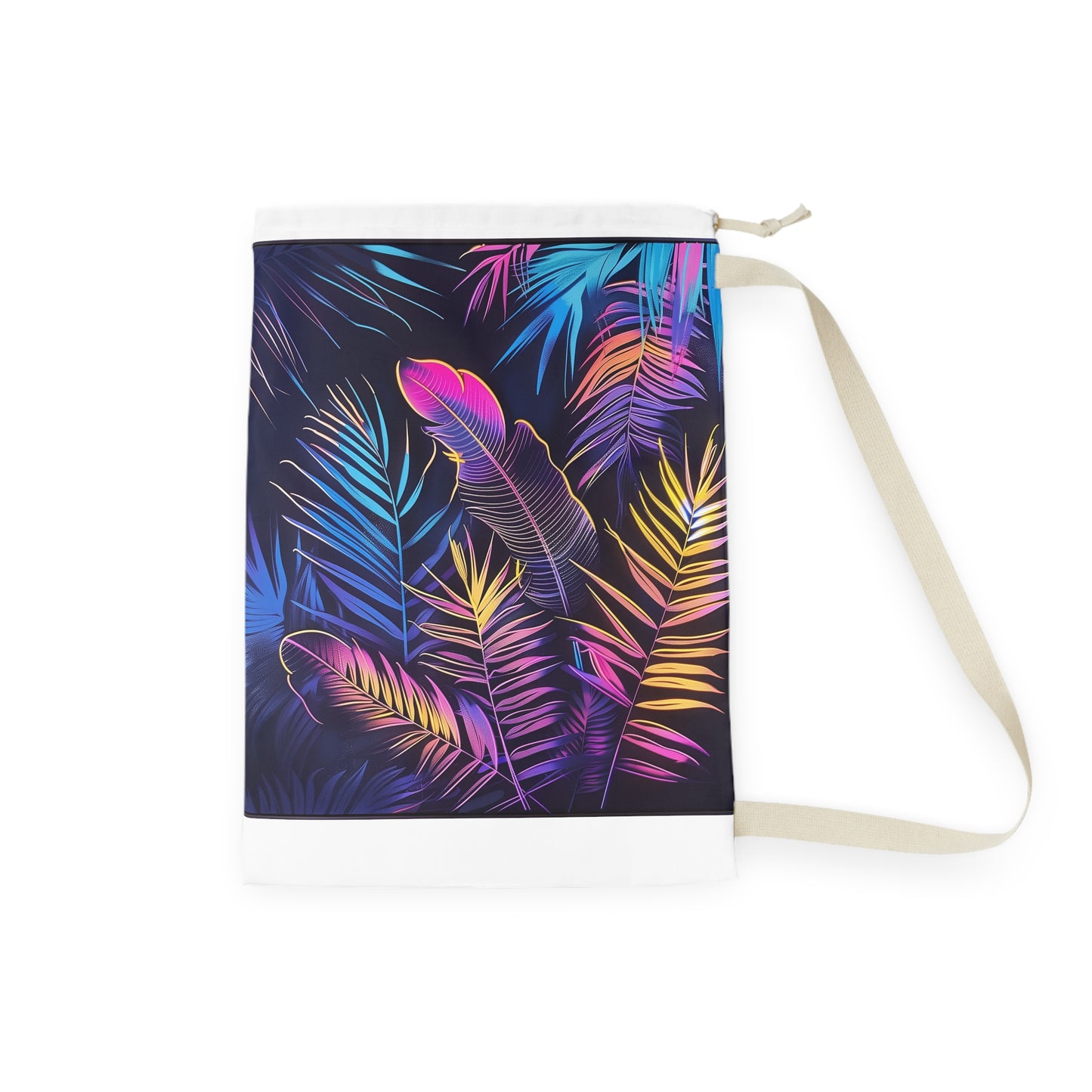 "Neon Tropical Paradise Laundry Bag - Colorful leaves and palm trees design for stylish laundry organization"