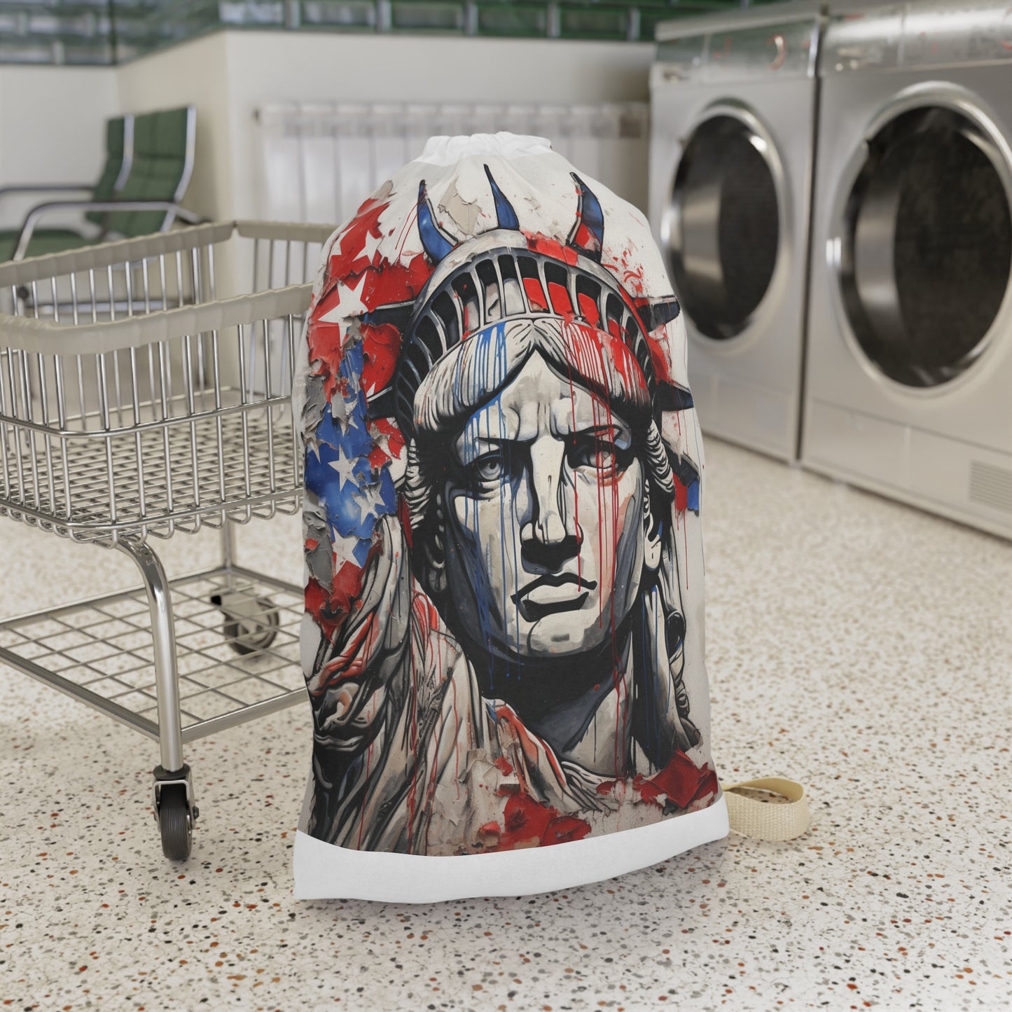 "Color Splash American Flag Bag - Patriotic laundry bag with line drawing design, elevate your laundry game"