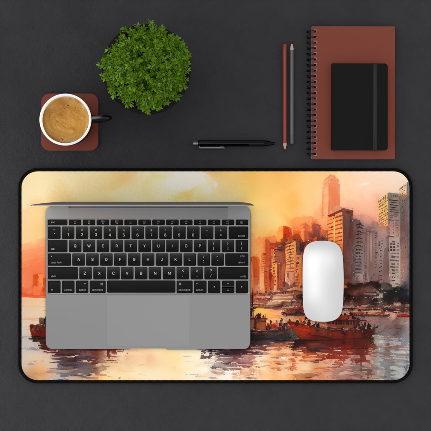 "Hong Kong Skyline Desk Mat - Elevate workspace with vibrant cityscape imagery"