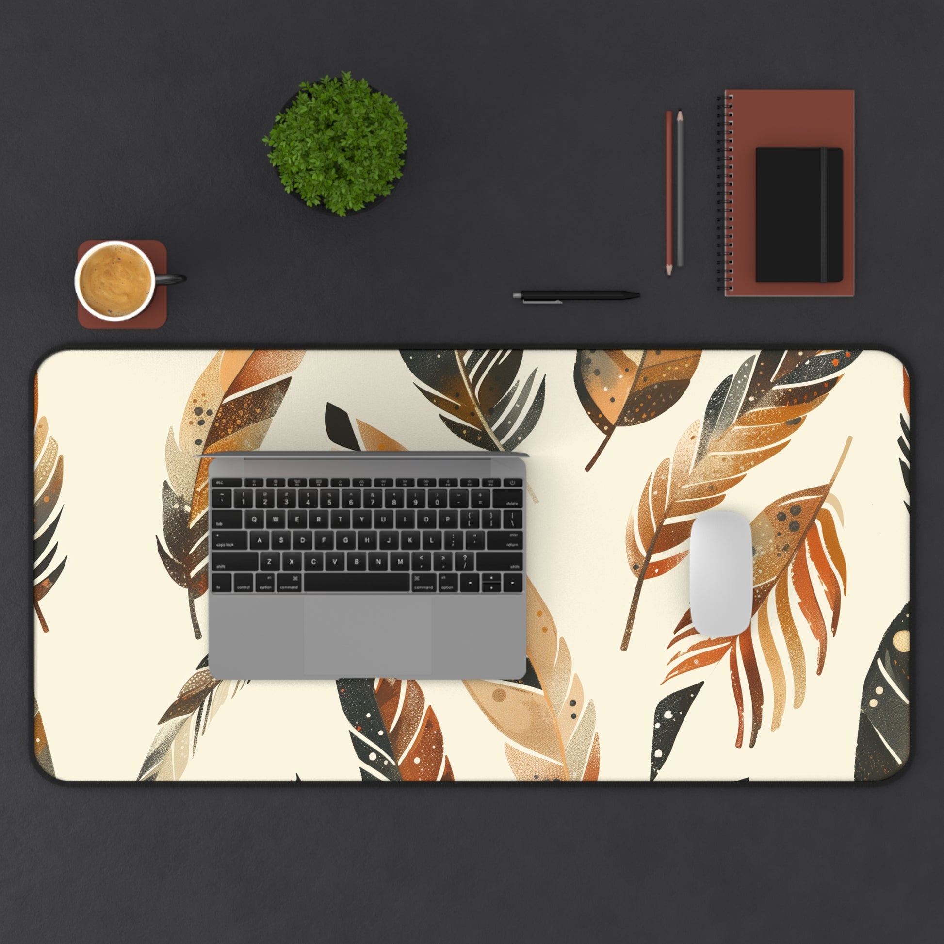 "Boho Feathers Desk Mat - Elevate your workspace with stylish bohemian pattern"