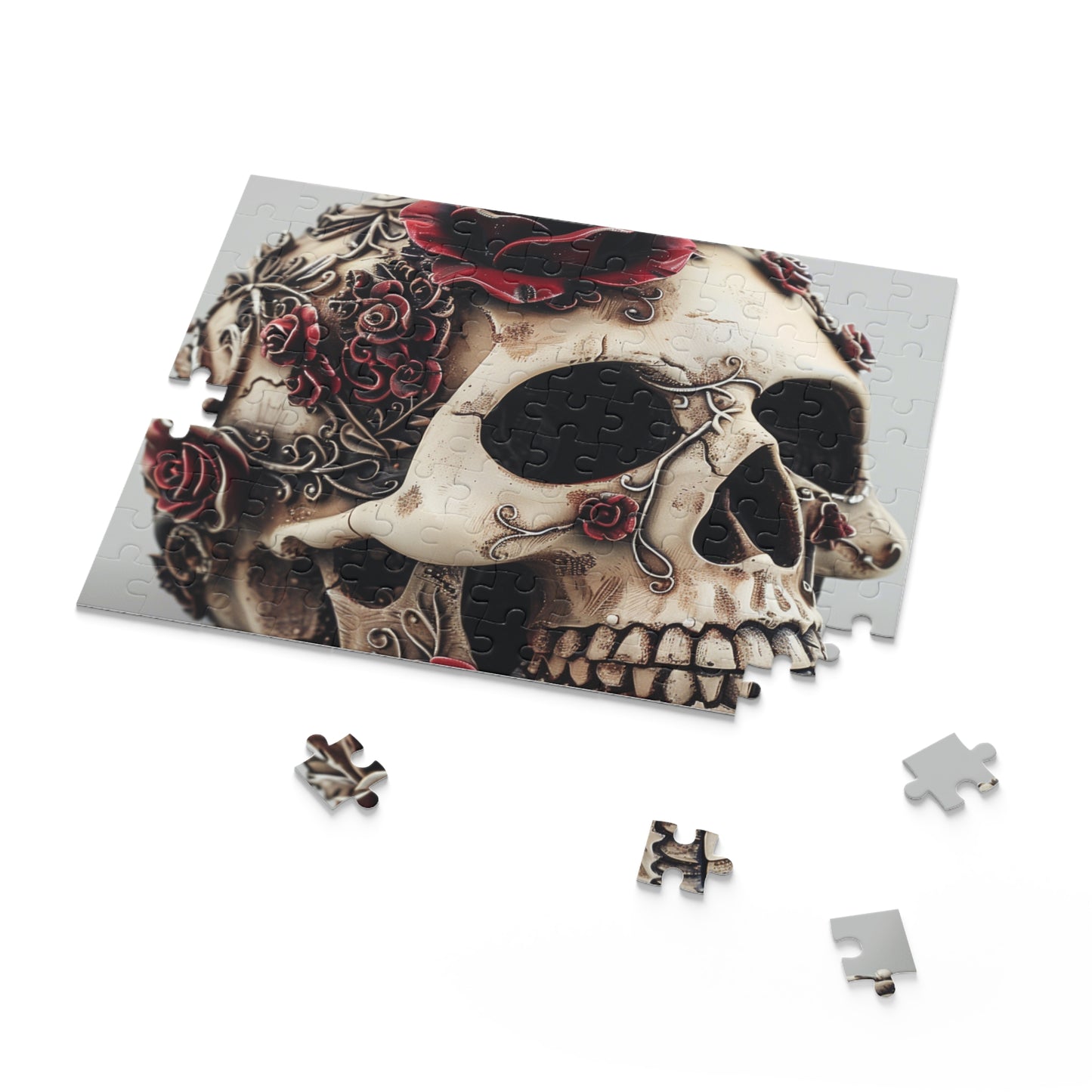 "Discover beauty in the Gothic Rose Skull Puzzle - intricate skull design surrounded by vibrant roses, perfect for a challenging yet captivating experience"