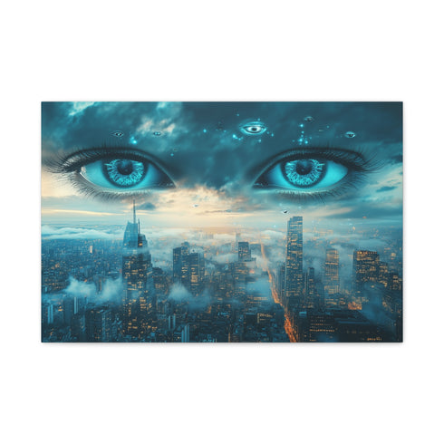 Floating Eyes Watching City from Sky Stretched Canvas Wall Art