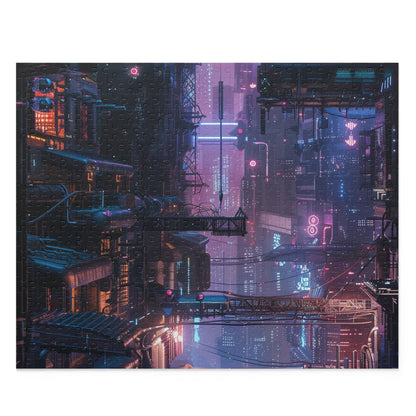 Vibrant Cyberpunk neon cityscape jigsaw puzzle with intricate details. Perfect for puzzle enthusiasts.