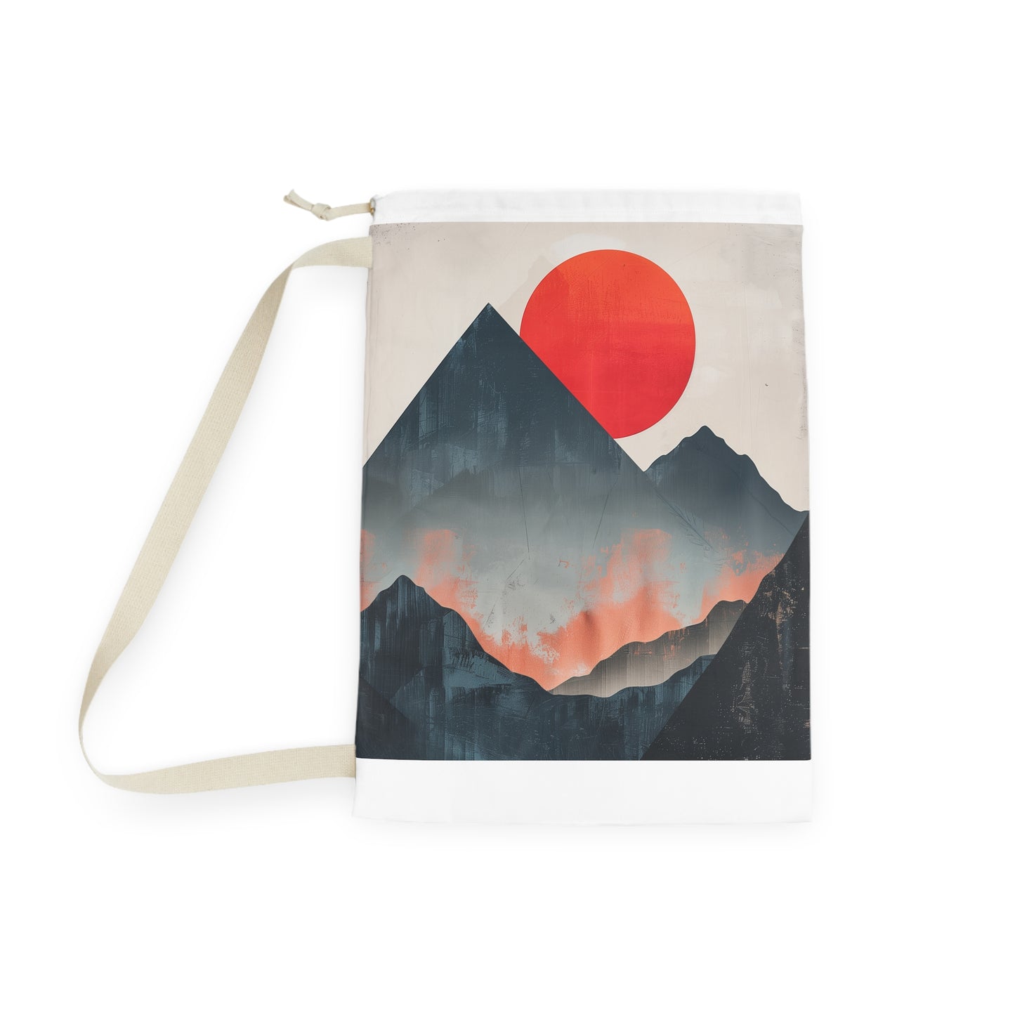 "Sunrise Mountain Laundry Bag - Minimalist design with rising sun, keep laundry organized in style"