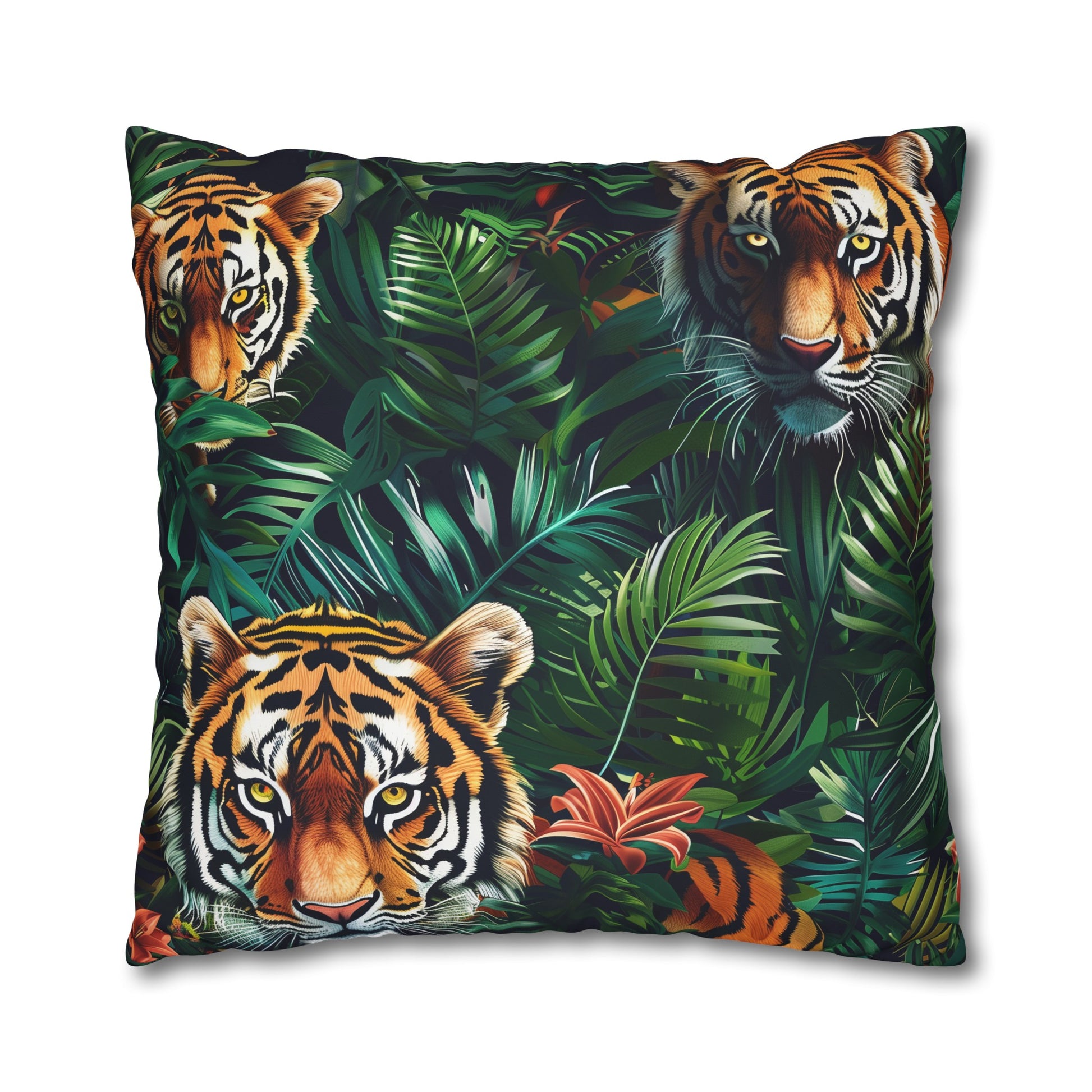 "Transform your bedroom into a wild oasis with Tiger Safari Pillow Case, featuring majestic tigers in lush green foliage."