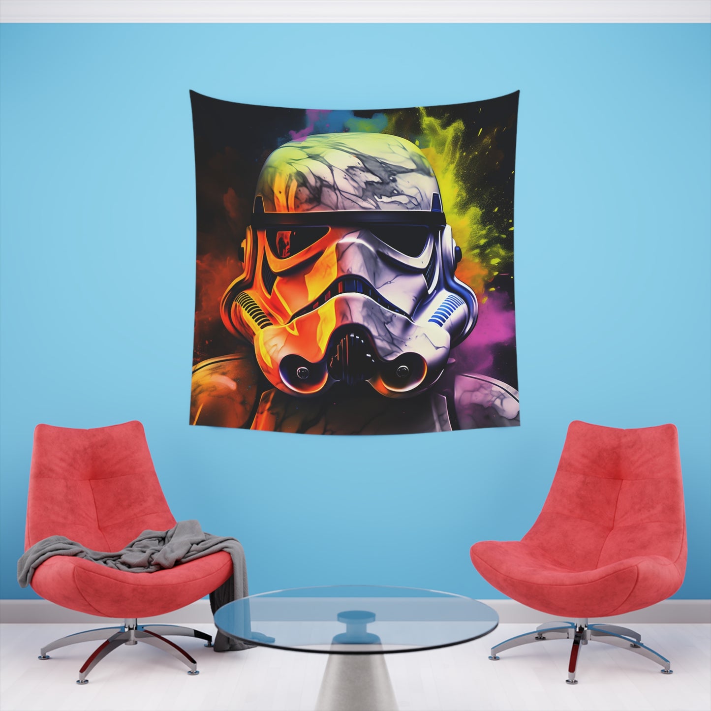 Stormtrooper Symphony: A Watercolor Neon Tapestry of Galactic Hues | Wall Tapestry | All Over Print, AOP, Decor, Halloween, Home & Living, Home Decor, Indoor, Spring Essentials, Sublimation, Tapestry | Prints with Passion