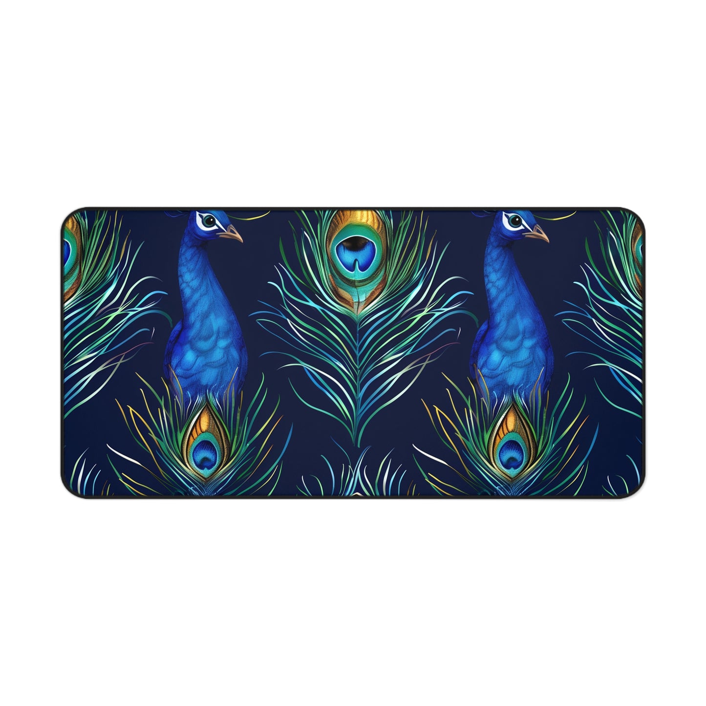 "Peacock Feather Blue Desk Mat: Elevate your workspace with vibrant blue feathers design for style and sophistication"