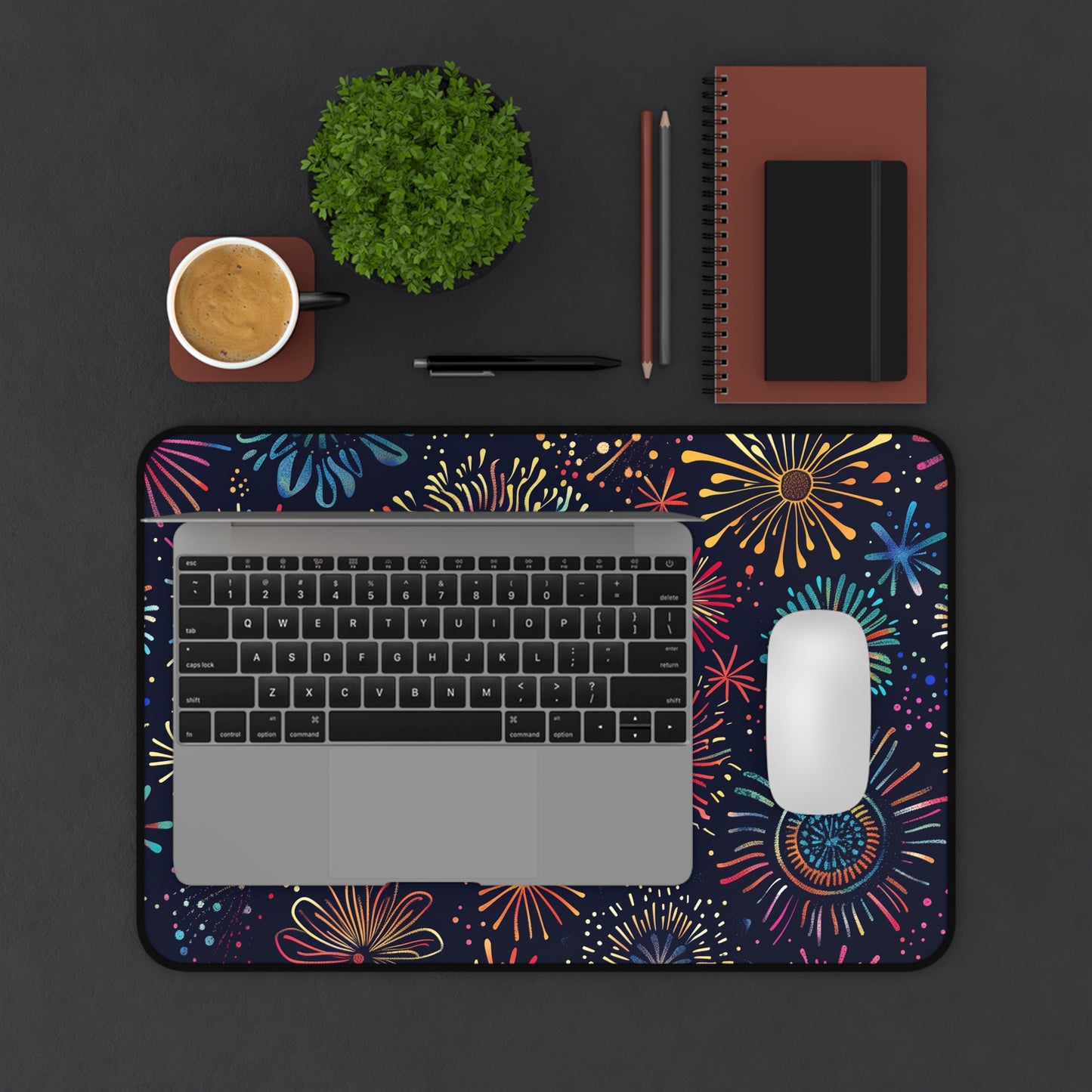 "Colorful Fireworks Festive Desk Mat - Brighten up your workspace with vibrant seamless pattern design"