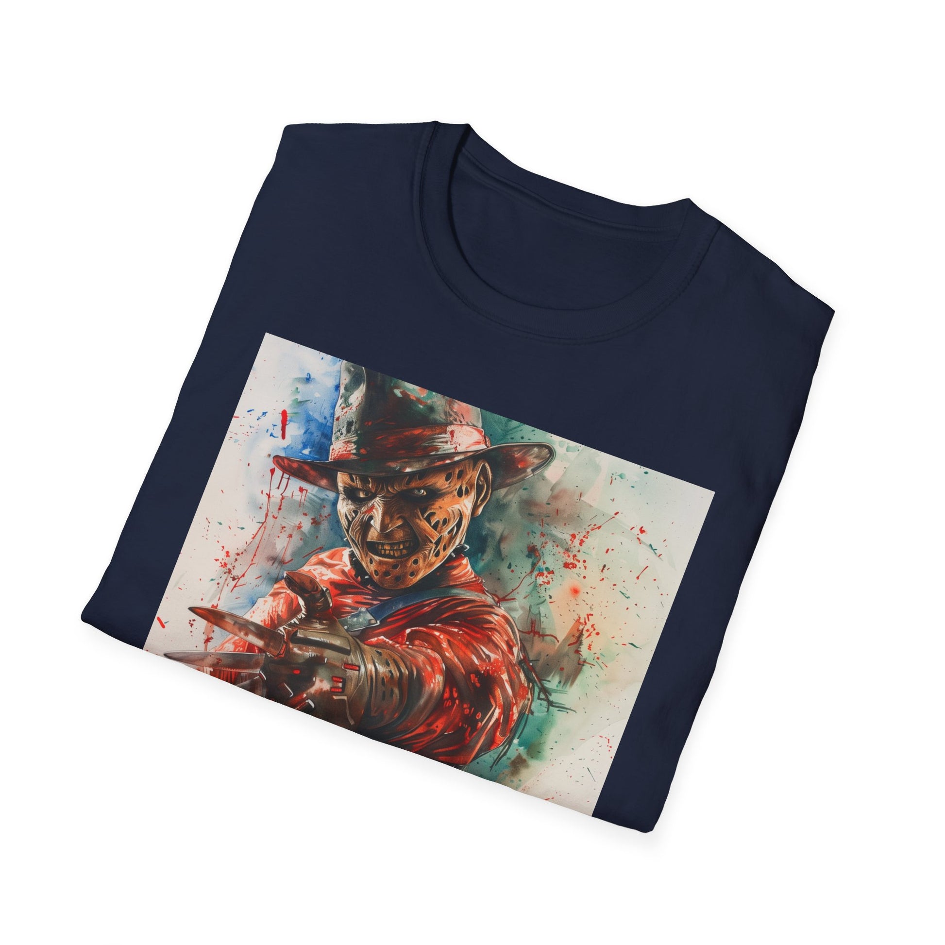 "Freddie Krueger T-shirt, iconic villain design, high-quality comfortable material, perfect for horror fans and Nightmare on Elm Street enthusiasts"