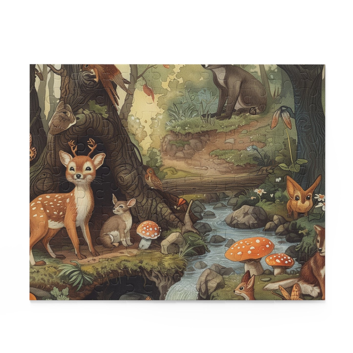 "Forest Friends jigsaw puzzle with woodland creatures in their natural habitat, perfect for nature lovers and enthusiasts"