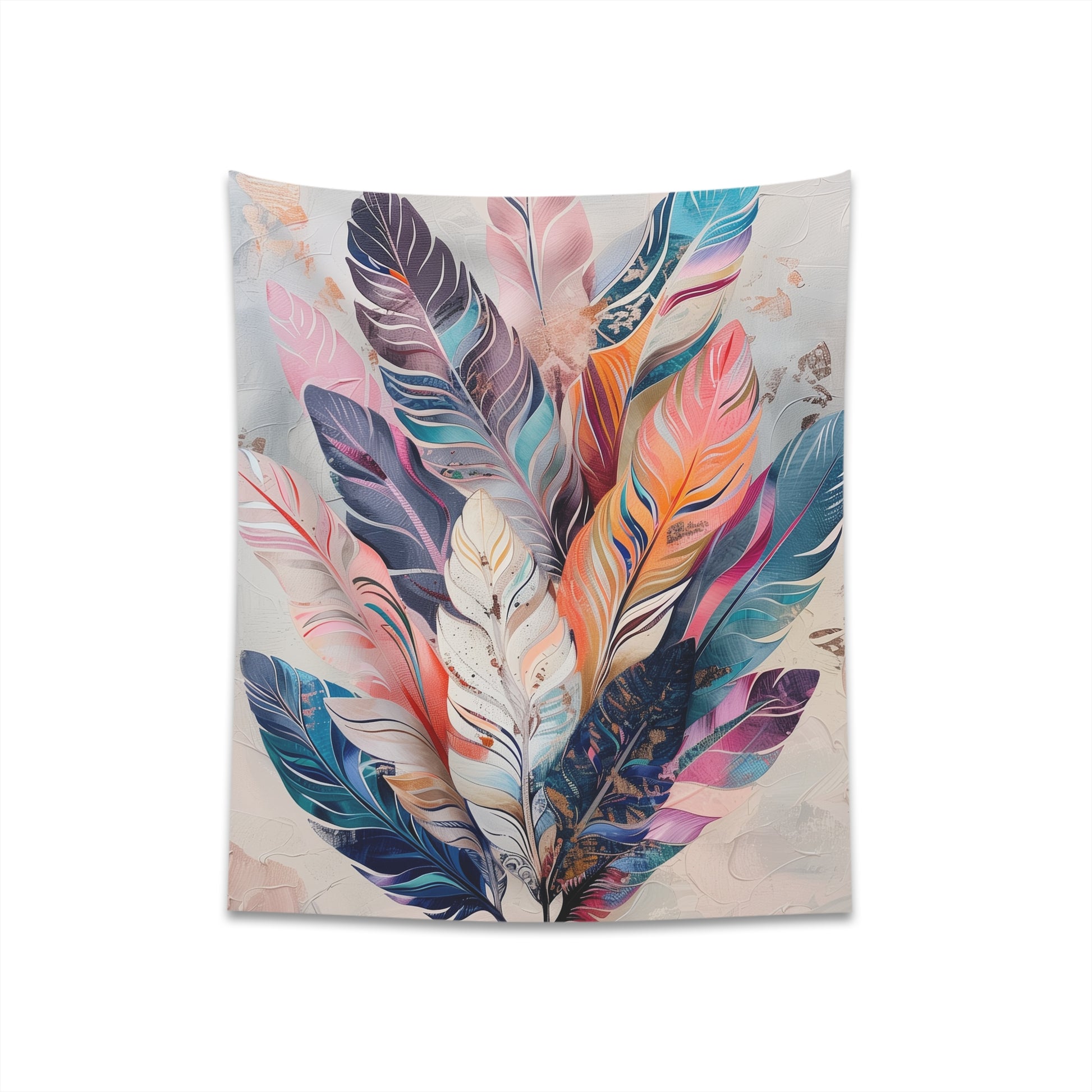 "Feathered Dreams Bohemian Tapestry: Earthy Feathers in Intricate Patterns for Wanderlust Decor"