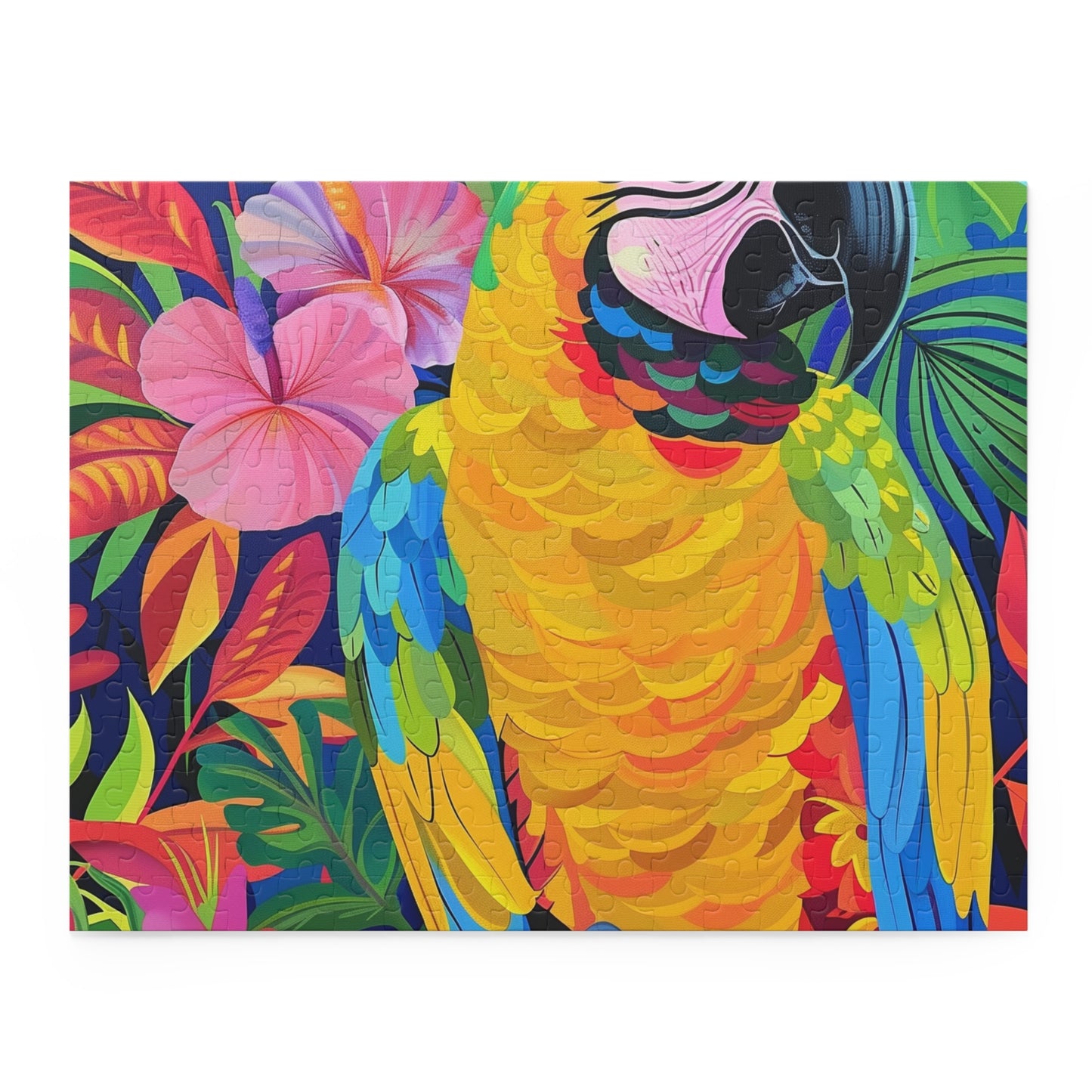 Colorful parrot jigsaw puzzle with lush tropical setting, perfect for bird lovers and puzzle enthusiasts.