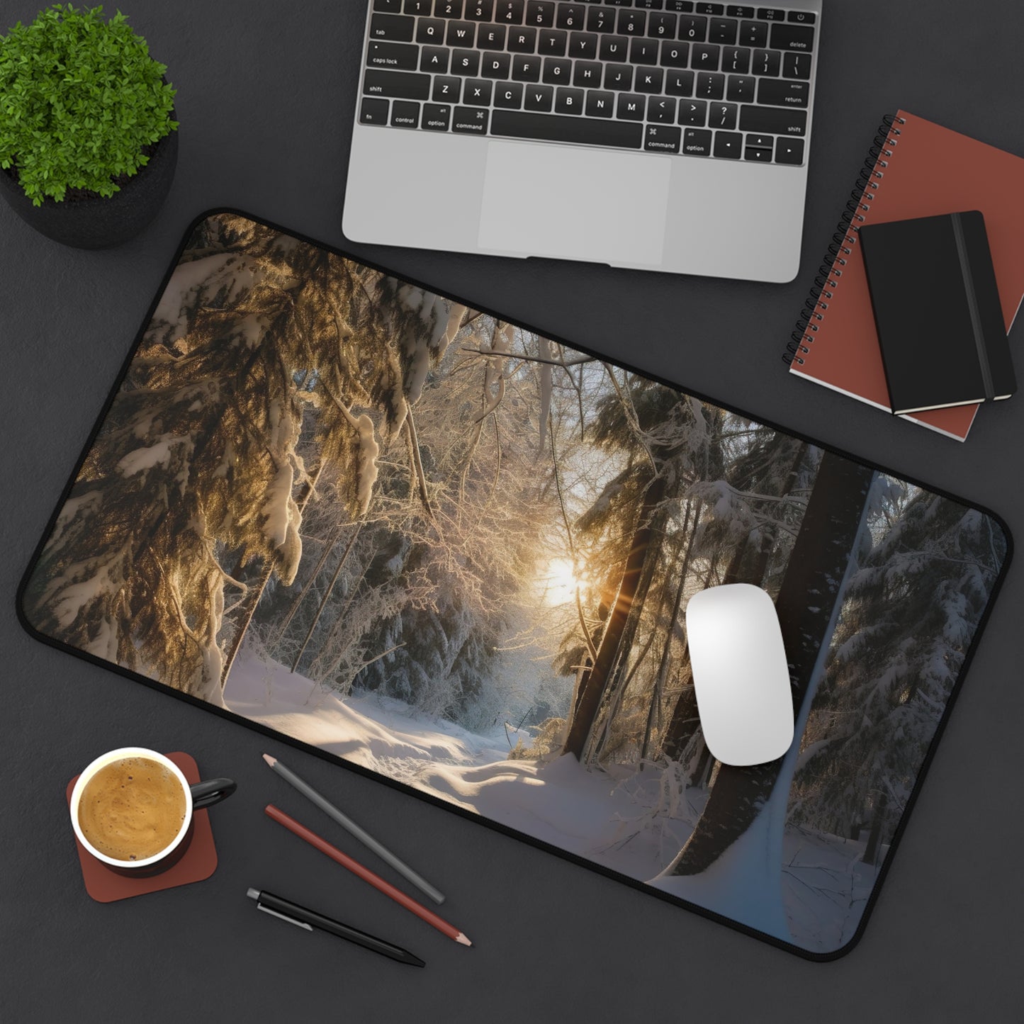 "Transform your workspace with Winter Forest Desk Mat - serene snow-covered forest scene for stylish productivity"