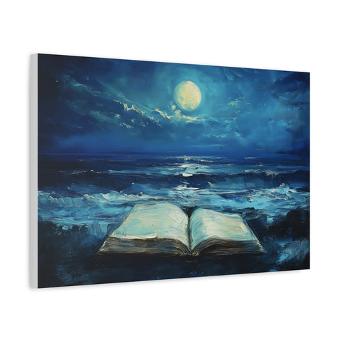 Moonlight Spilling from Open Book — Canvas Wall Art — Side Profile & Stretched Corner Detail