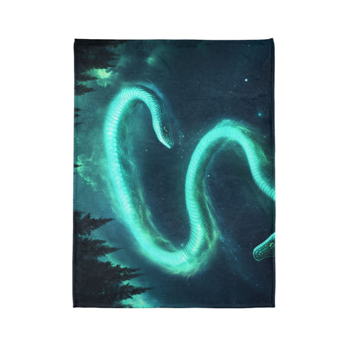 Aurora in Shape of Serpent Above Forest — Plush Fleece Throw Blanket — Product Detail View 10