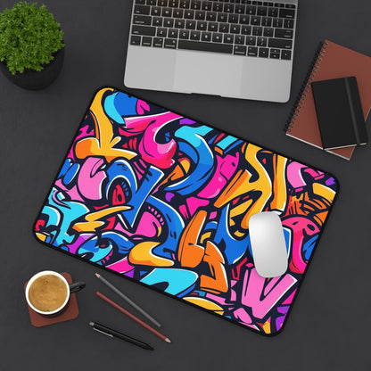 "Neon Graffiti Desk Mat - Bold Urban Pattern for Stylish Workspace Organization"