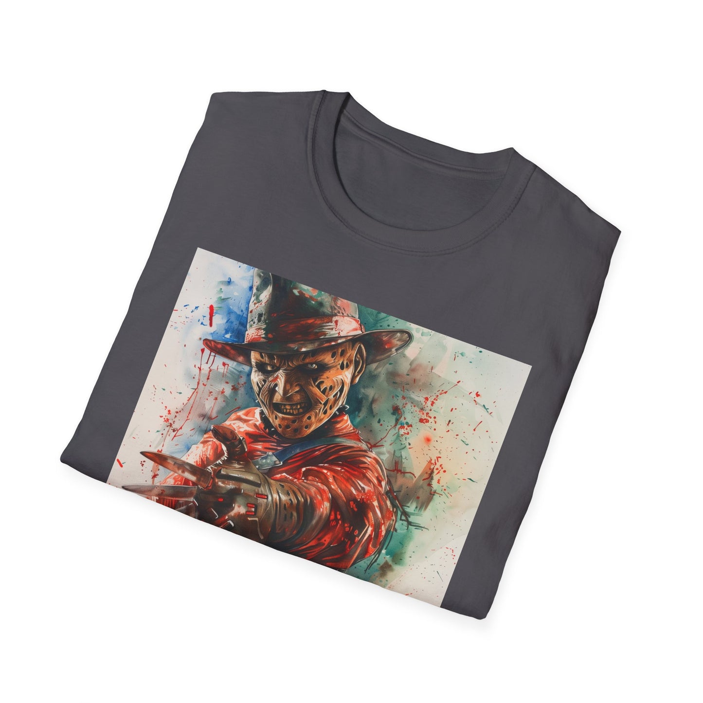 Alt text: "Freddy Krueger t-shirt with menacing visage, perfect for horror fans and Nightmare on Elm Street enthusiasts. High-quality and stylish everyday wear."