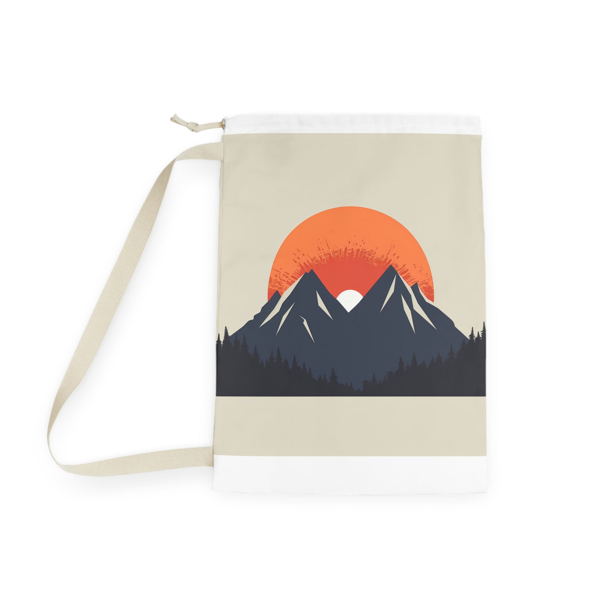 "Sunrise Mountain Laundry Bag - Minimalist design with rising sun over peaks, elevate your laundry routine in style"