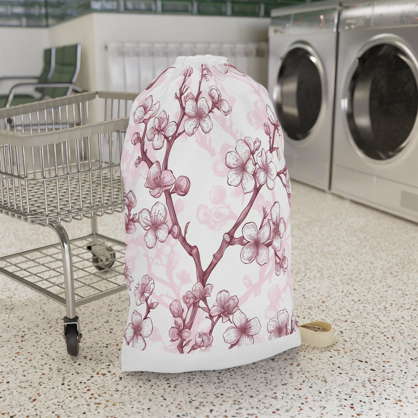 Cherry Blossom Laundry Bag - Stylish pink and white pattern for laundry organization