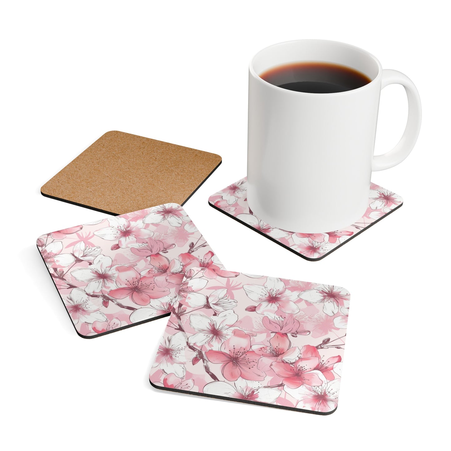 Cherry Blossom Corkwood Coaster Set: Elegant & EcoFriendly