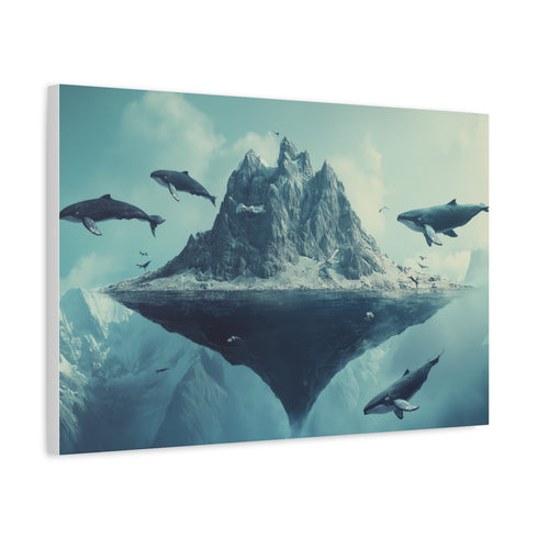 Floating Mountain Surrounded by Whales (Edition II) — Canvas Wall Art — Side Profile & Stretched Corner Detail