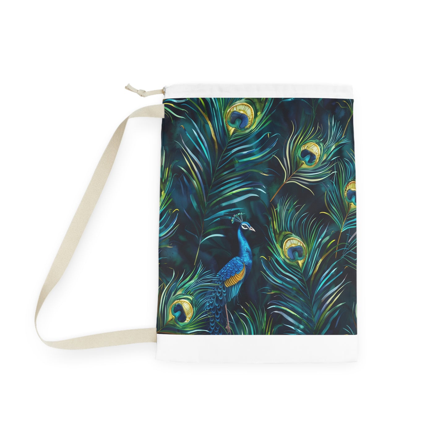 "Vibrant blue peacock feathers laundry bag for elegant style"