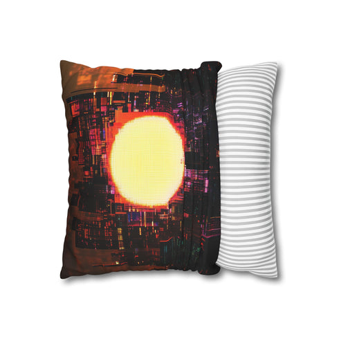 Digital Eclipse over Cyber City (Edition II) — 40×40 Cushion Cover — Soft Brushed Fabric Texture Close-Up