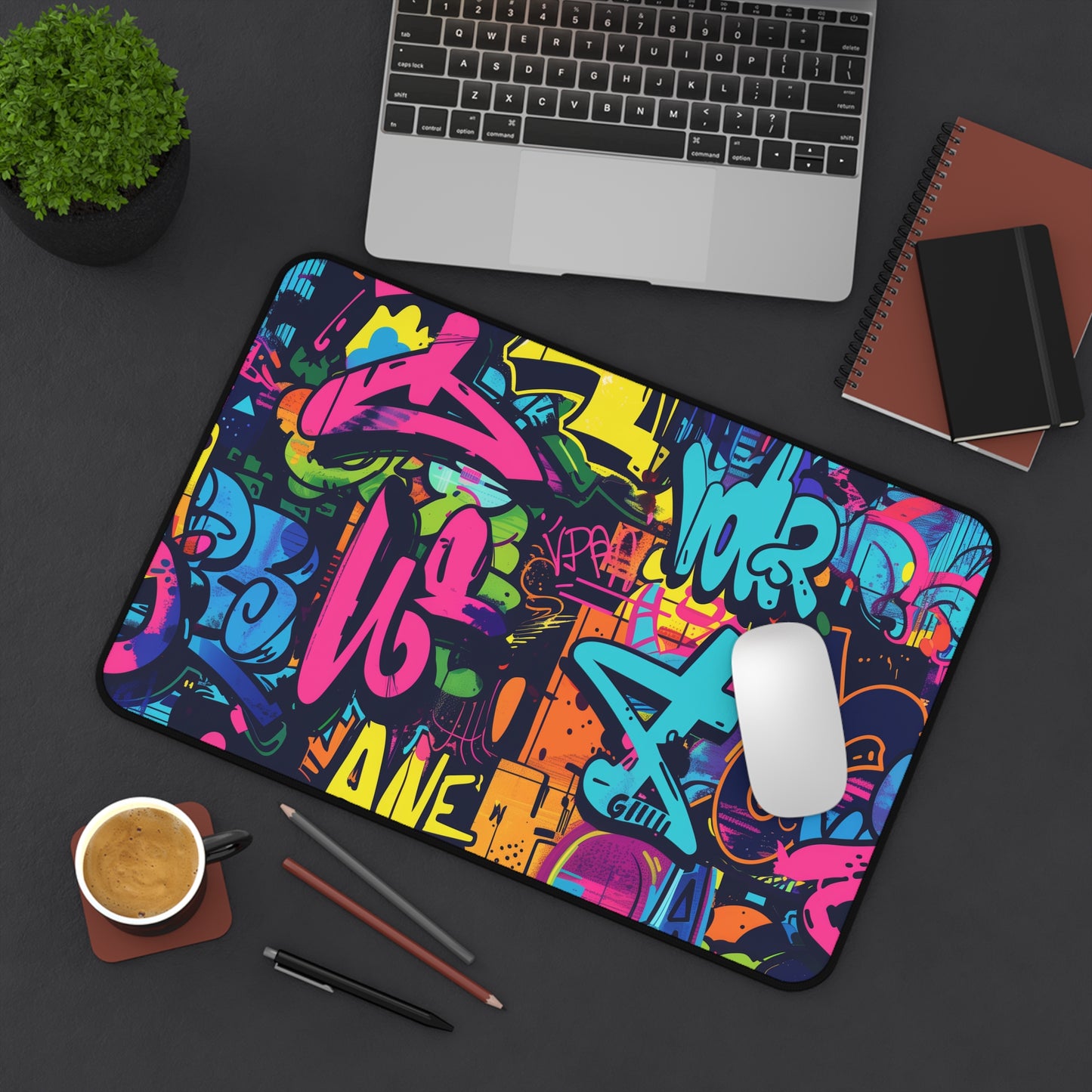 "Colorful Neon Urban Graffiti Desk Mat - Add urban vibes to your workspace, protect your desk in style"