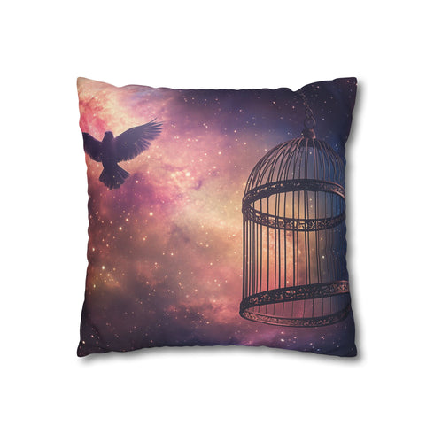 Bird Cage Floating Above Galaxy — 40×40 Cushion Cover — Double-Sided Back & Concealed Zip Detail