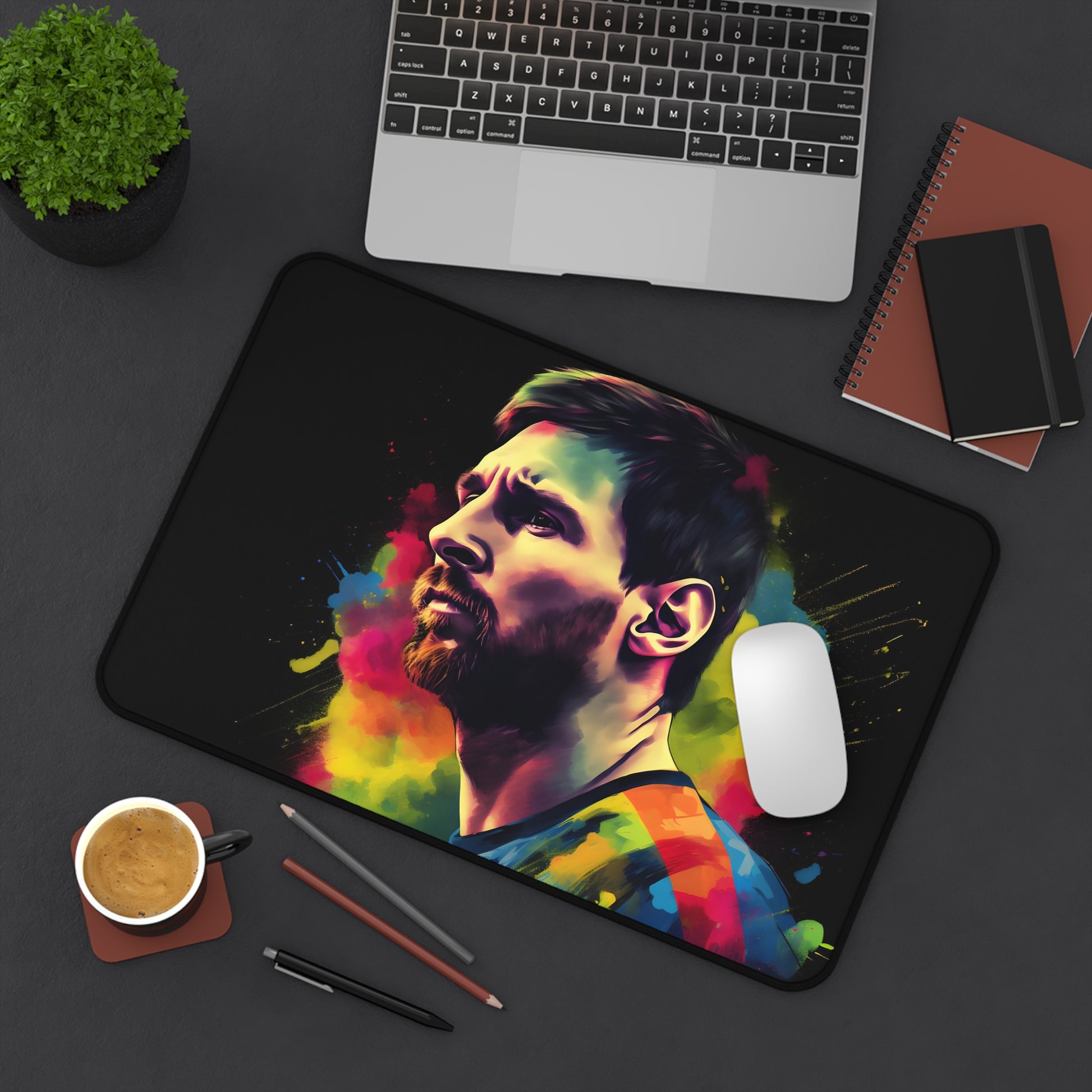 Vibrant Messi Watercolor Neon Desk Mat - Add a pop of color to your workspace with this stylish and unique desk accessory featuring a watercolor neon design of Lionel Messi.