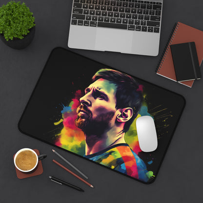 Vibrant Messi Watercolor Neon Desk Mat - Add a pop of color to your workspace with this stylish and unique desk accessory featuring a watercolor neon design of Lionel Messi.