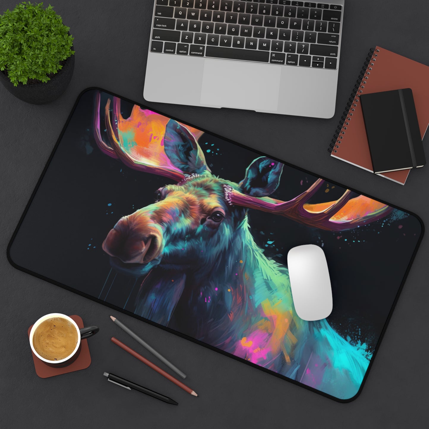 "Rustic Moose Watercolor Desk Mat - Protect your workspace with serene nature-inspired design"