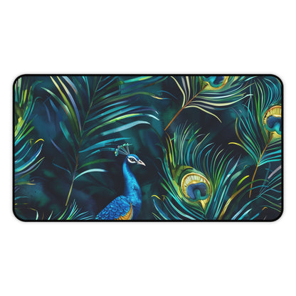 "Vibrant blue peacock feather desk mat, elegant workspace accessory in striking hues"