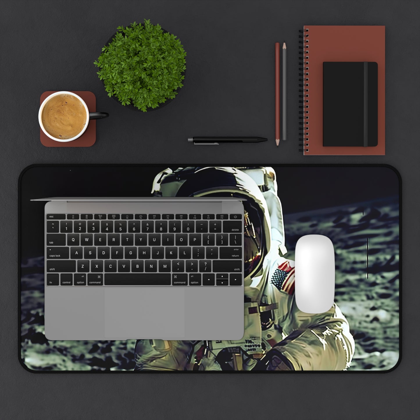 "Spaceman Adventure Desk Mat: Bring galaxy vibes to your workspace with a spaceman among the stars, for daily inspiration and creativity."