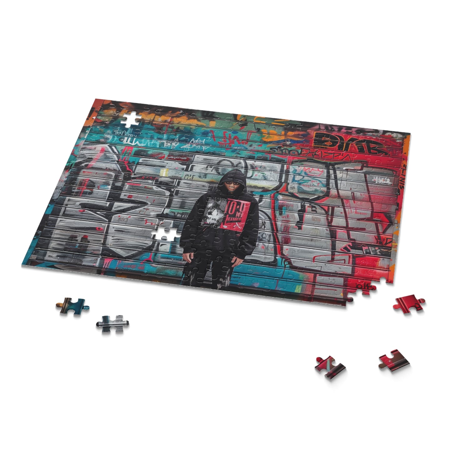 "Vibrant streetwear typography jigsaw puzzle with bold designs and intricate details"