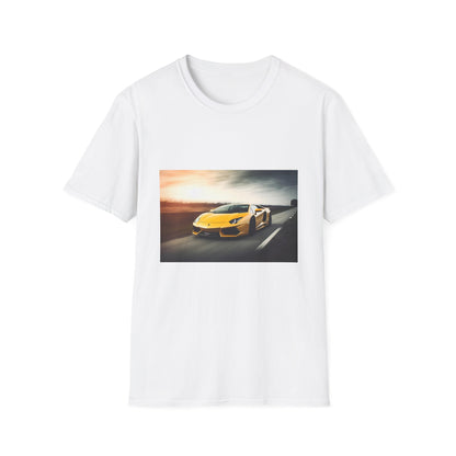 Alt text: "Adrenaline Rush on Four Wheels T-shirt featuring a vibrant Lamborghini mid-race, embodying speed and power"