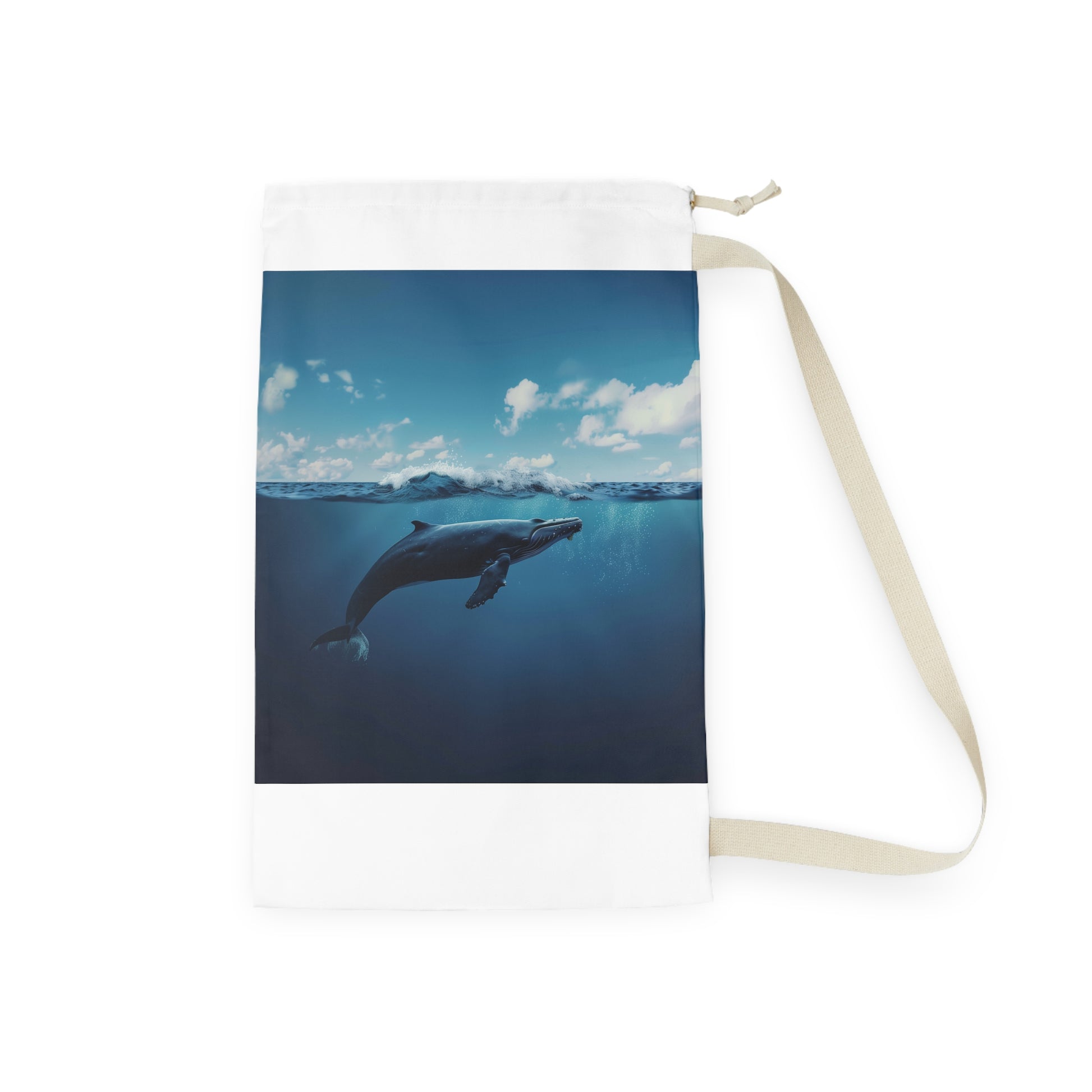 Ocean-themed whale laundry bag for serene and elegant organization and transport of clothes.