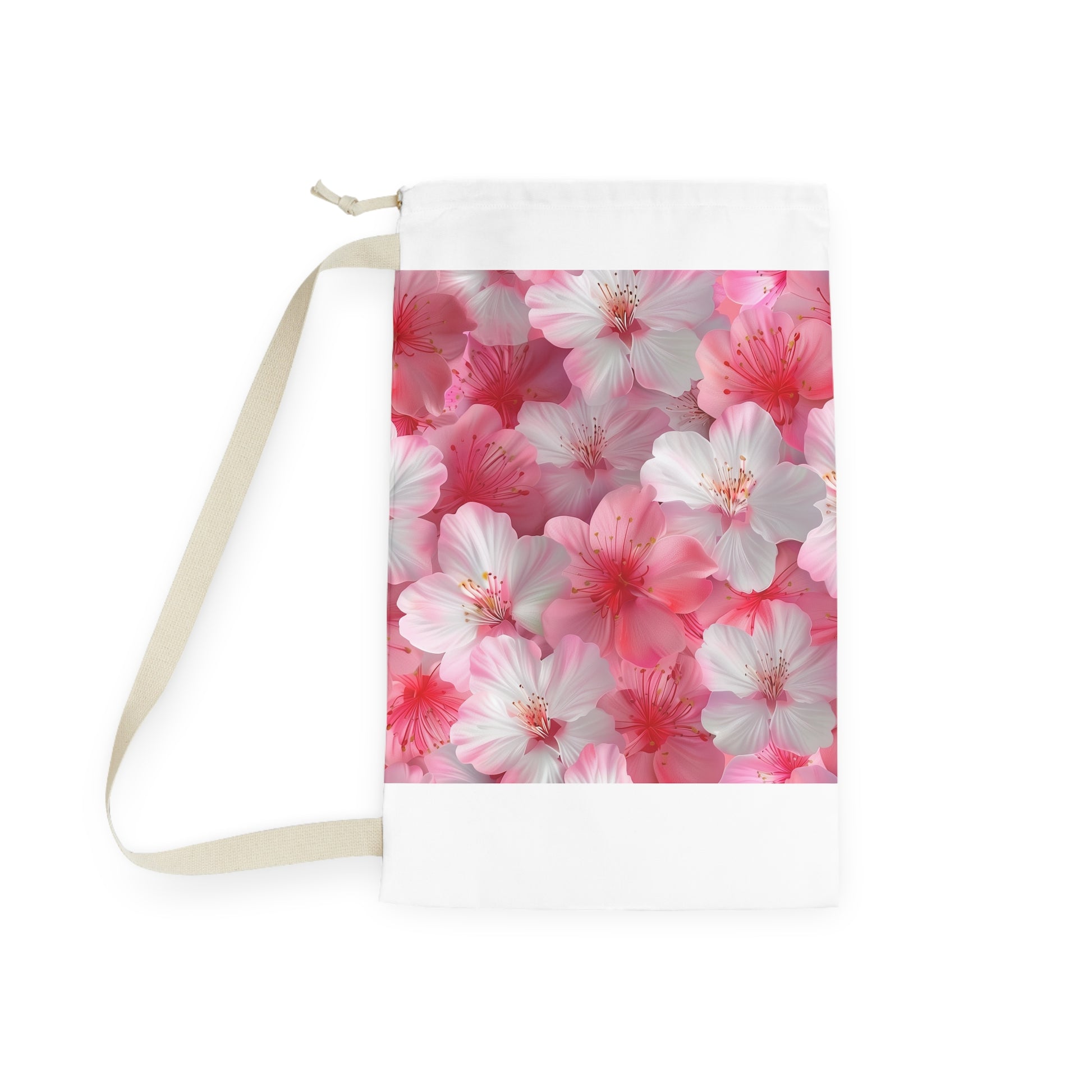 "Cherry Blossom Laundry Bag - Pink and white seamless pattern for elegant laundry routine"