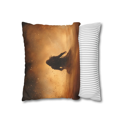 Warrior Standing in Cosmic Sandstorm — 40×40 Cushion Cover — Soft Brushed Fabric Texture Close-Up