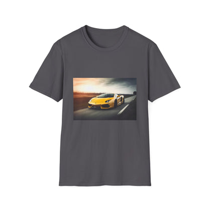 "Adrenaline Rush on Four Wheels T-shirt featuring a vibrant Lamborghini mid-race design, perfect for thrill-seekers and speed enthusiasts. Feel the excitement of high-octane adventure with this stylish and energetic graphic tee."