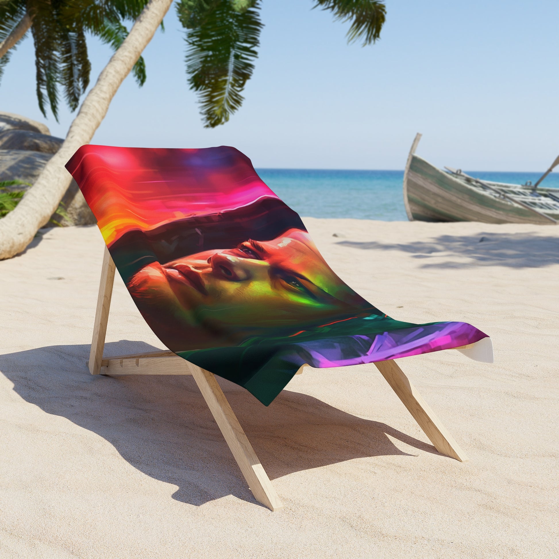 featuring a unique watercolor design in vibrant neon colors. Perfect for lounging by the pool or soaking up the sun at the beach.