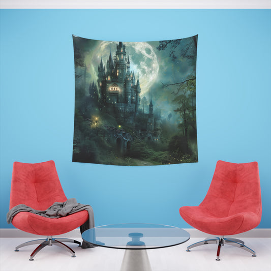 Moonlit Kingdom: A Fantasy Castle Tapestry | Wall Tapestry | All Over Print, AOP, Decor, Halloween, Home & Living, Home Decor, Indoor, Spring Essentials, Sublimation, Tapestry | Prints with Passion