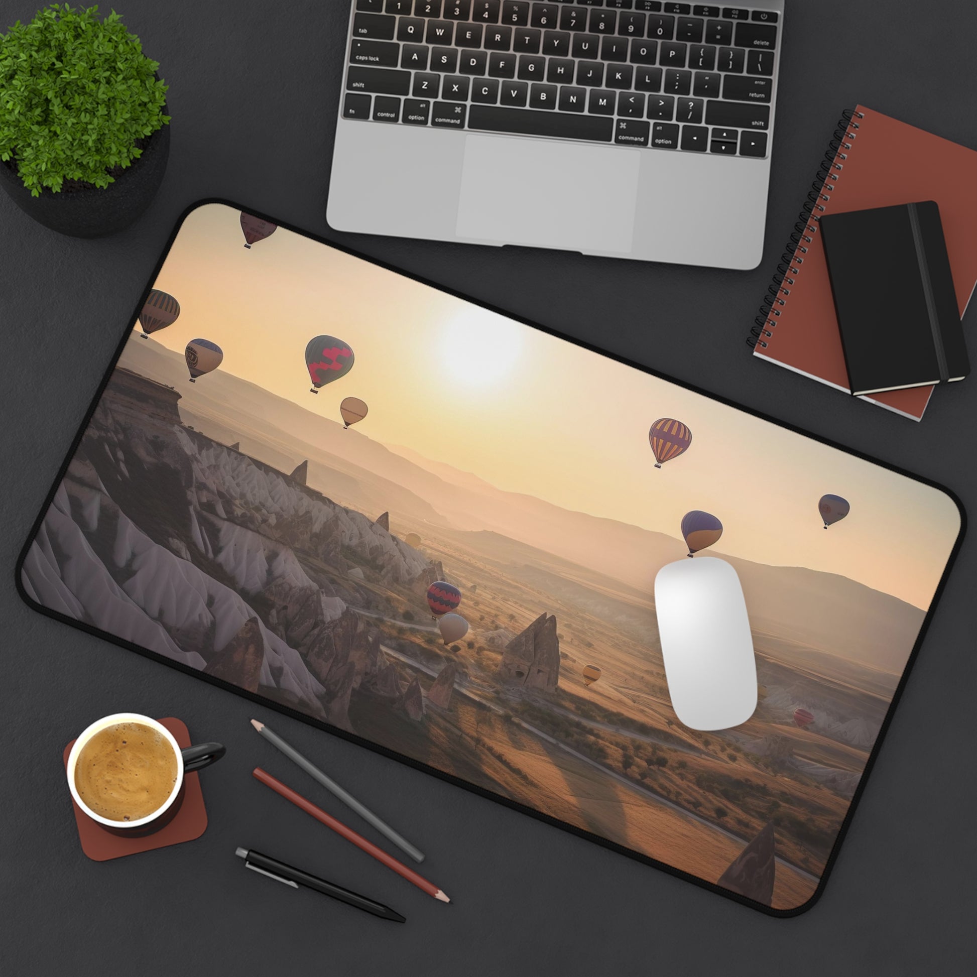 "Cappadocia hot air balloons desk mat, add whimsy to workspace with vibrant print"