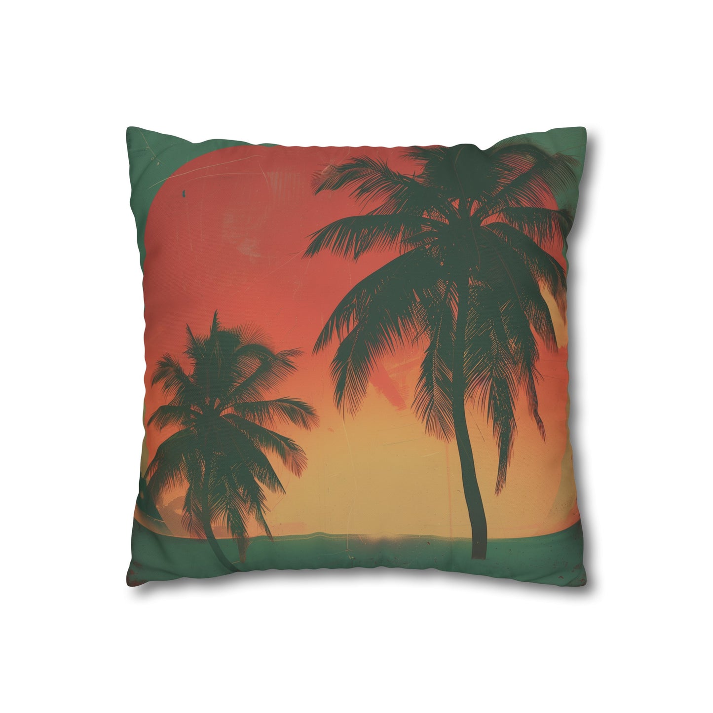 "Vintage Sunset Vibes Pillowcase - Retro beach design with palm trees in vibrant sunset colors, high-quality material. Perfect for all seasons. Makes a great gift. Shop now!"