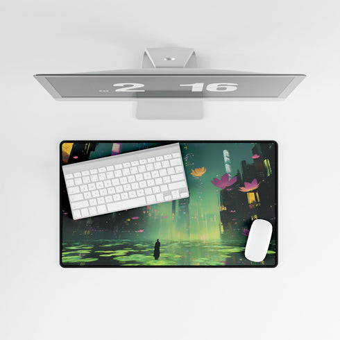 Floating Zen Garden Above Neon City — XL & XXL Desk Mat — Product Detail View 8