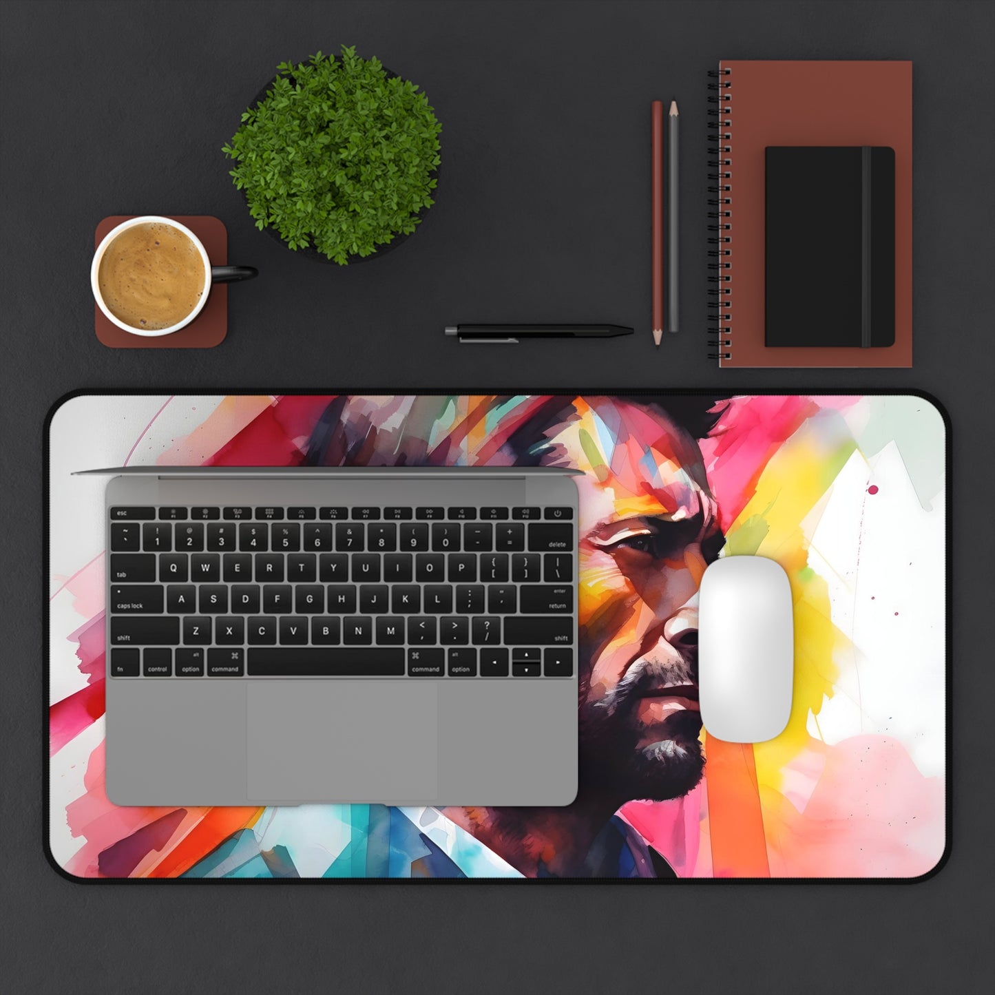 "Neon Hugh Jackman watercolor desk mat for vibrant workspace decor"